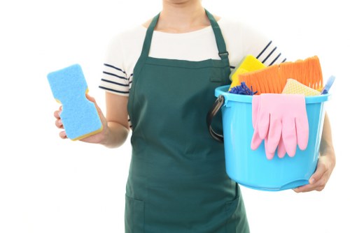 Professional cleaner vacuuming a modern flat living room in Bow