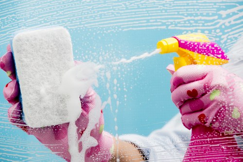 Cleaner preparing a safe work area with protective equipment