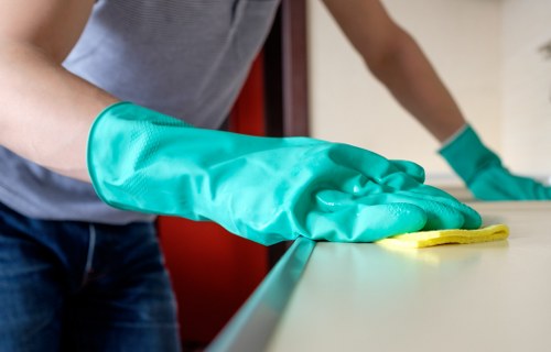 Local technician cleaning a sofa in a Bow apartment